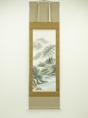 大成筆　彩色山水　肉筆絹本掛軸（保護箱）